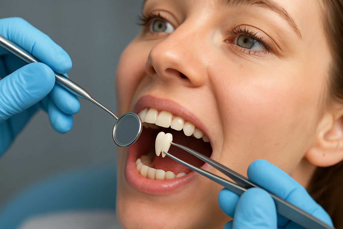 Image of a dentist in a sterile environment, carefully placing a dental implant into a patient's jawbone. The scene highlights the precision and technology involved in "replacing a tooth with an implant". No text on image.