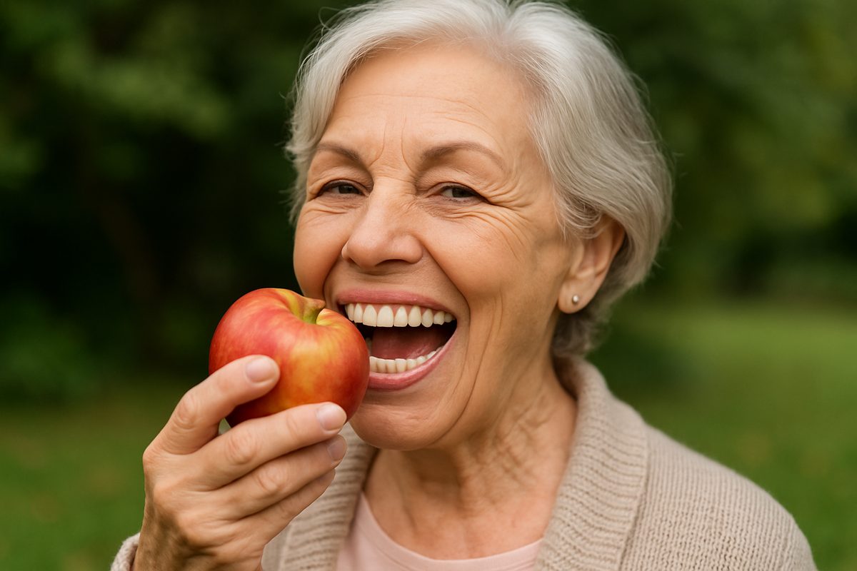 Image of a smiling senior woman confidently eating an apple, showcasing the functionality of her dental implants. No text on the image.