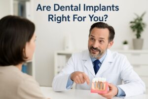A friendly doctor is consulting a patient about dental implants, pointing to a 3D model of a jaw with implants. The text on the image says: "Are Dental Implants Right For You?"