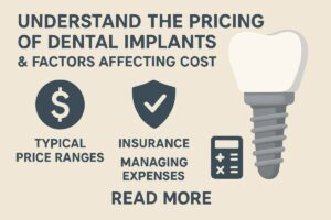 A side-by-side comparison graphic illustrating two price ranges for dental implants, one labeled "Basic" with a lower price and simpler components, and the other labeled "Premium" with a higher price and advanced technology. No text on image.