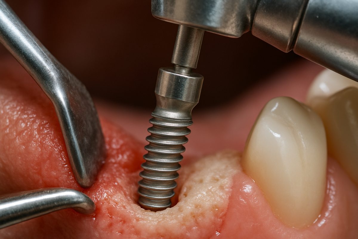 A close-up of a metal dental implant being placed into a patient's jawbone, surrounded by dental instruments. No text on the image.