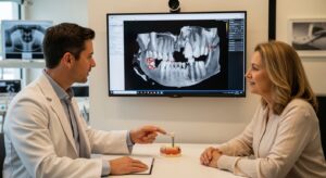 Dental consultation for implant costs in modern clinic
