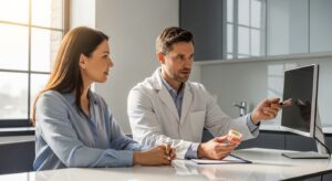 Patient consulting with a dentist about dental implant options