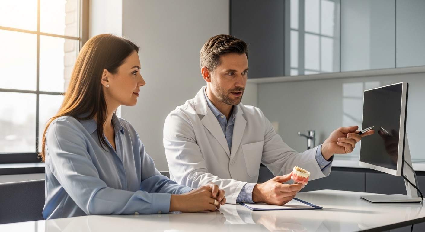 Patient consulting with a dentist about dental implant options