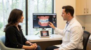 Dental consultation showcasing modern equipment and patient interaction