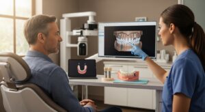 Patient consulting with implant dentist in modern dental office